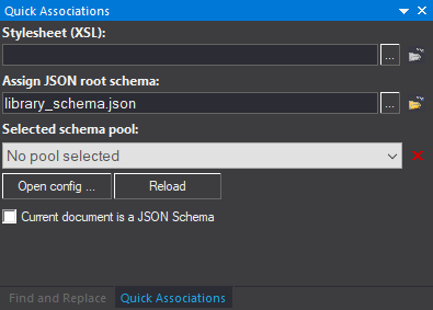 JSONBuddy Quick Associations pane with library_schema.json assigned as the JSON root schema