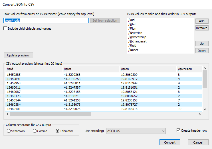 JSONBuddy for Windows JSON to CSV dialog showing JSONPointer input and a CSV-output preview for a large JSON document
