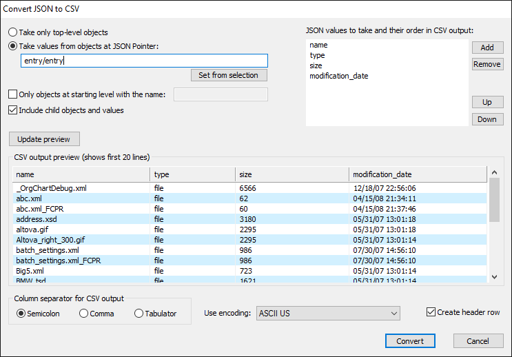 Convert JSON to CSV in JSONBuddy