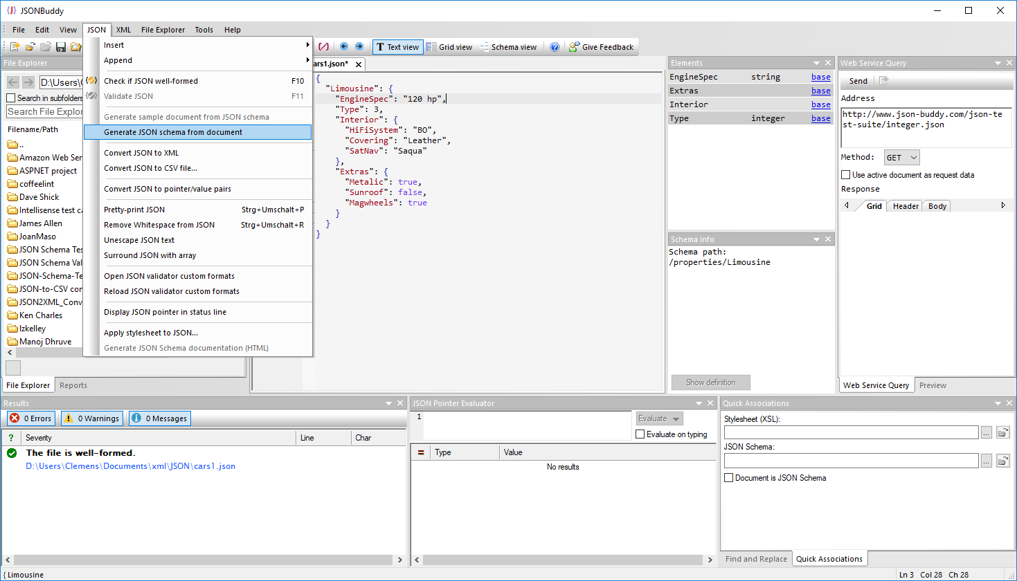 JSONBuddy for Windows JSON menu with Generate JSON schema from document selected