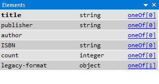 JSONBuddy for Windows Elements pane listing JSON property names, types, and schema locations