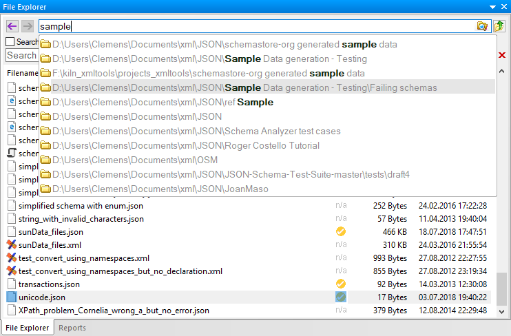 JSONBuddy for Windows File Explorer view showing a folder path, file list, and folder history suggestions