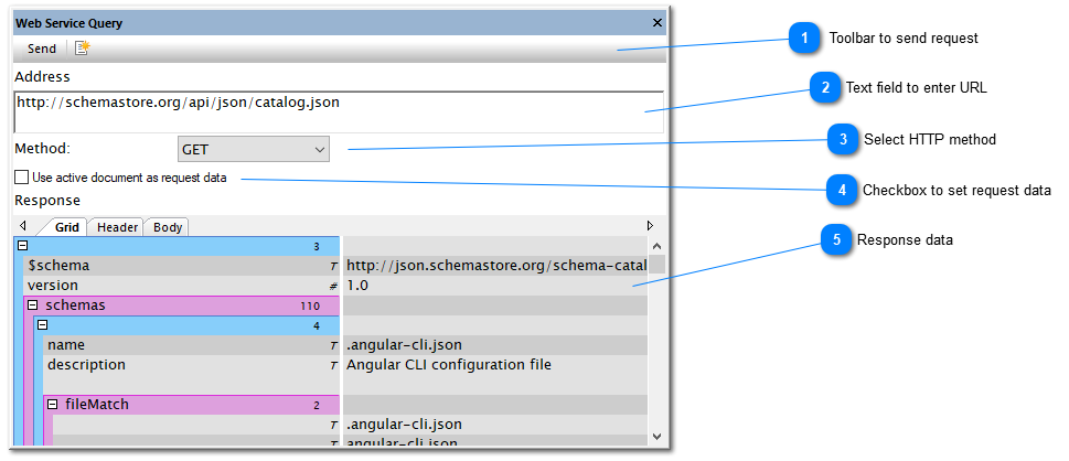 JSONBuddy for Windows Web Service Query window showing request and response areas