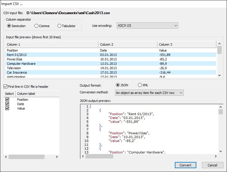 Import CSV text and create JSON data in JSONBuddy