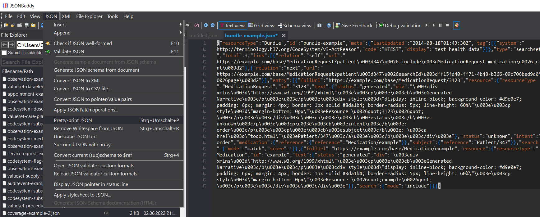 JSONBuddy Windows editor with the JSON menu open and Pretty-print JSON and Remove Whitespace commands visible