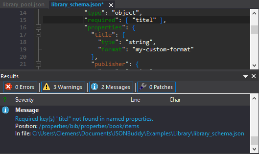 JSONBuddy JSON Schema editor showing a schema error and detailed diagnostic