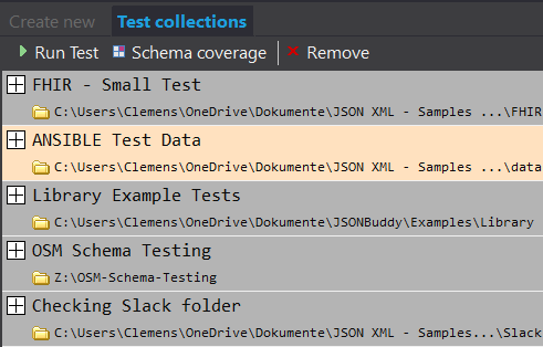 JSONBuddy for Windows Test collections view listing JSON Schema test entries