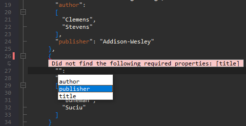JSONBuddy editor showing a missing required title property and schema-aware property suggestions