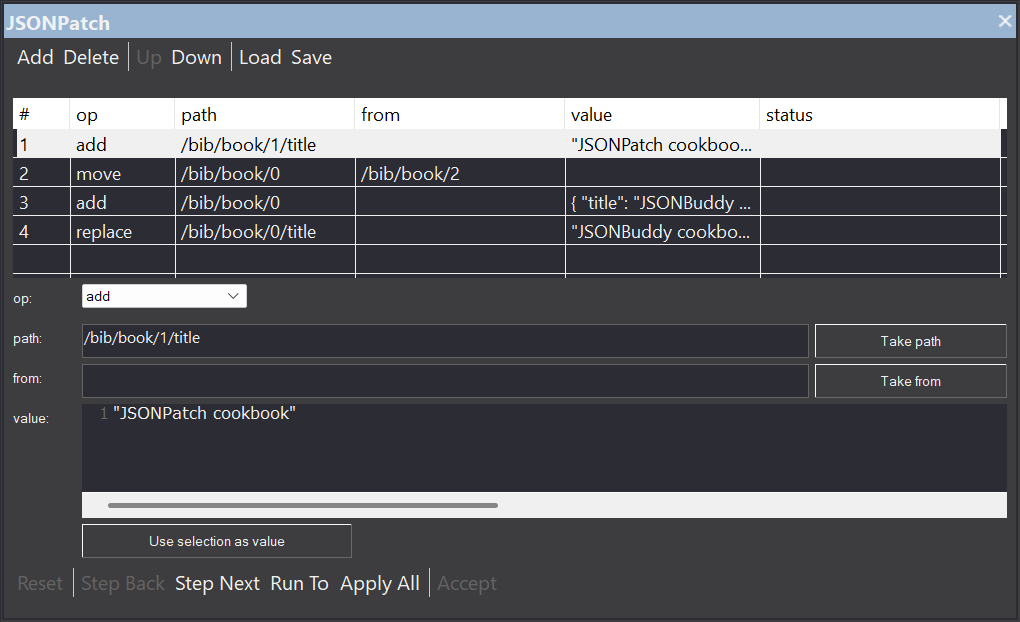 JSONPatch Builder and Debugger pane in JSONBuddy with add, move, and replace operations loaded