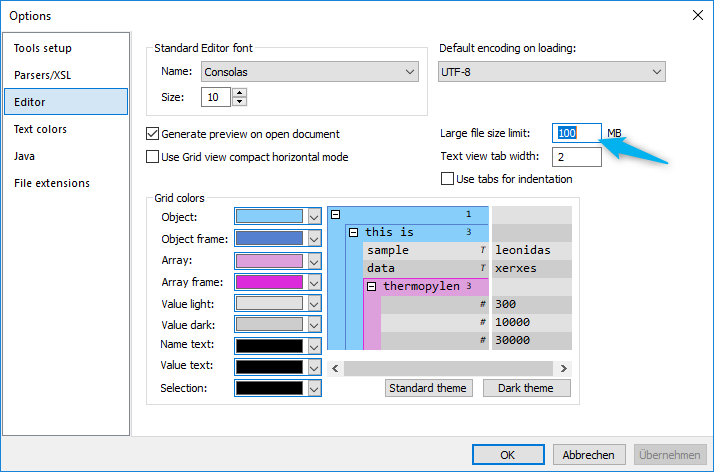 JSONBuddy for Windows editor options showing the file-size threshold for the Large File view