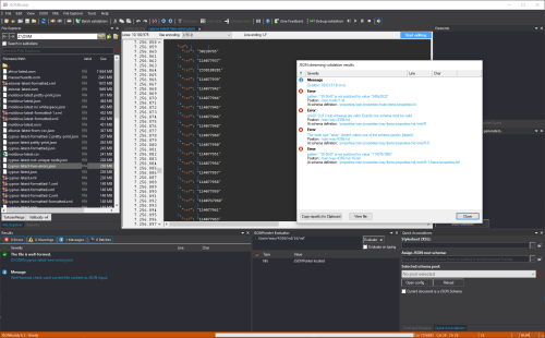 JSONBuddy validating a large JSON document and showing validation results