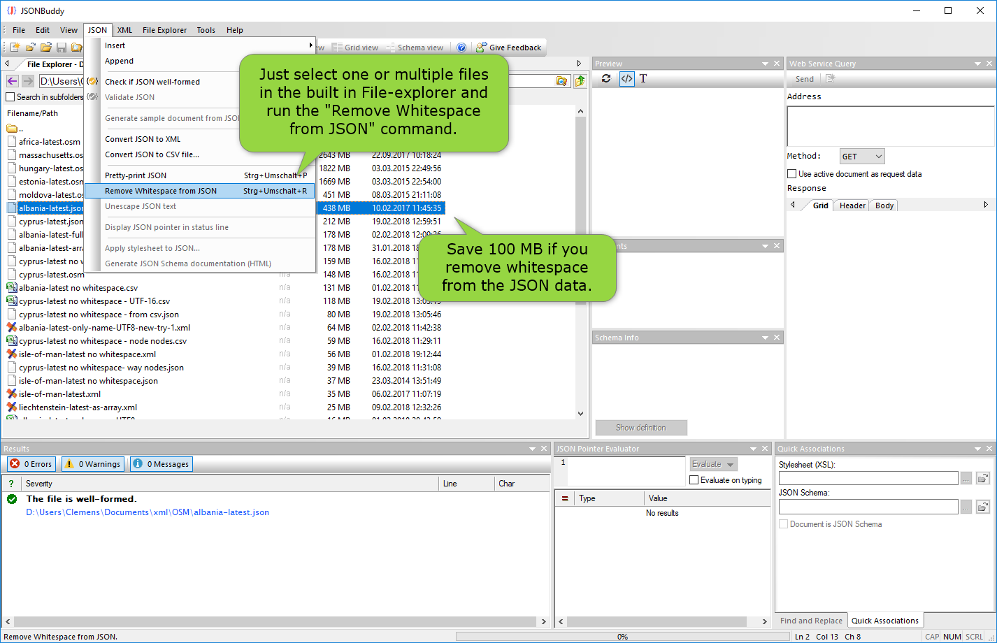 JSONBuddy for Windows showing the Remove Whitespace from JSON command for selected large files