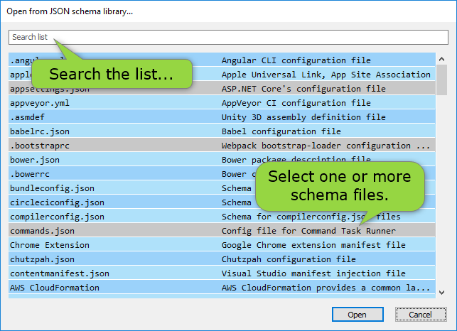 JSONBuddy for Windows Open JSON Schema from library dialog