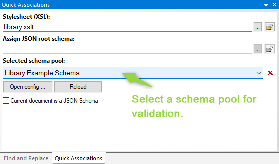 JSONBuddy for Windows Quick Associations pane with a selected JSON Schema pool