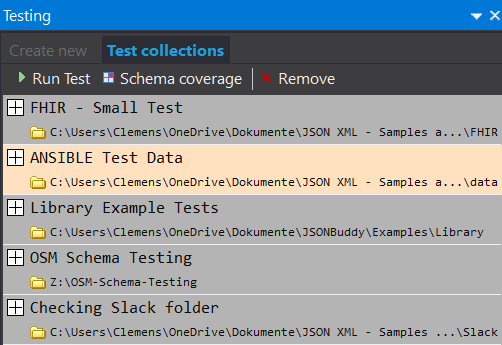 JSONBuddy showing JSON Schema test collections and their result status