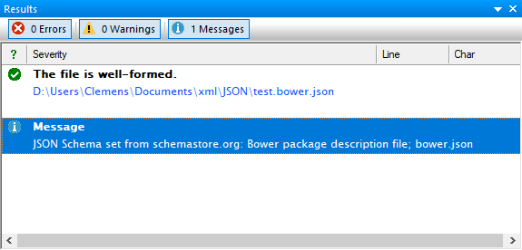 JSONBuddy for Windows results pane confirming an automatically assigned Bower schema from schemastore.org