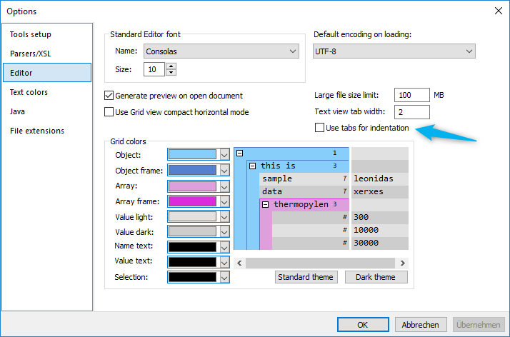JSONBuddy for Windows Editor options with Use tabs for indentation cleared