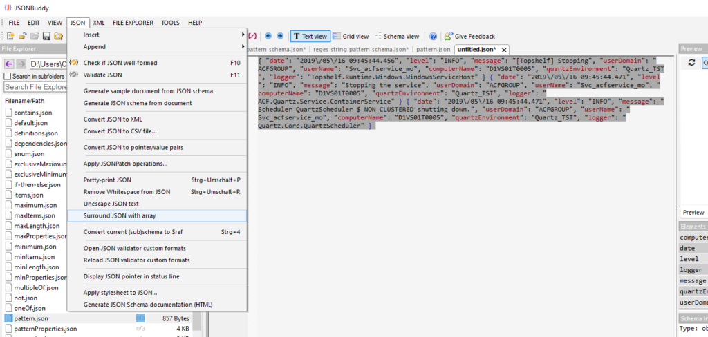 JSONBuddy for Windows command menu showing Surround with JSON array for a sequence of JSON log objects